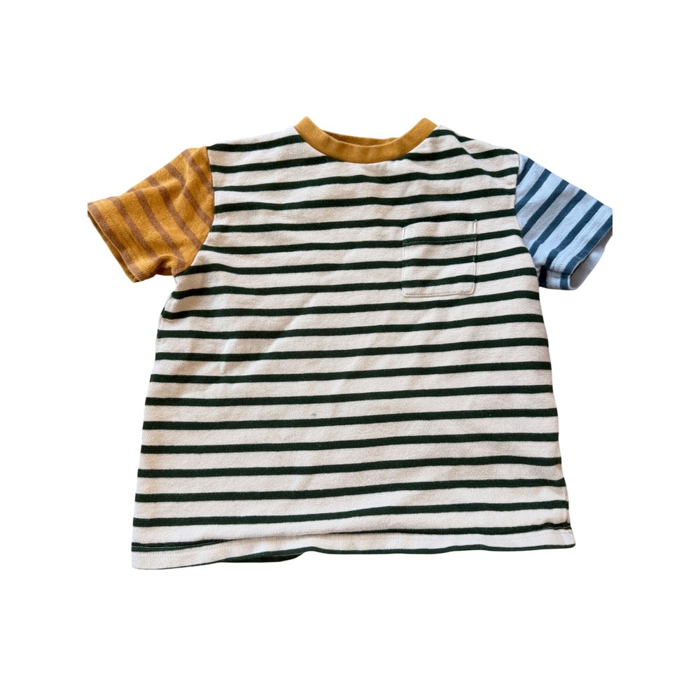 FatFace‎ Young Crew Boys Striped Colorblock Pocket T-Shirt Green Yellow Blue 5/6